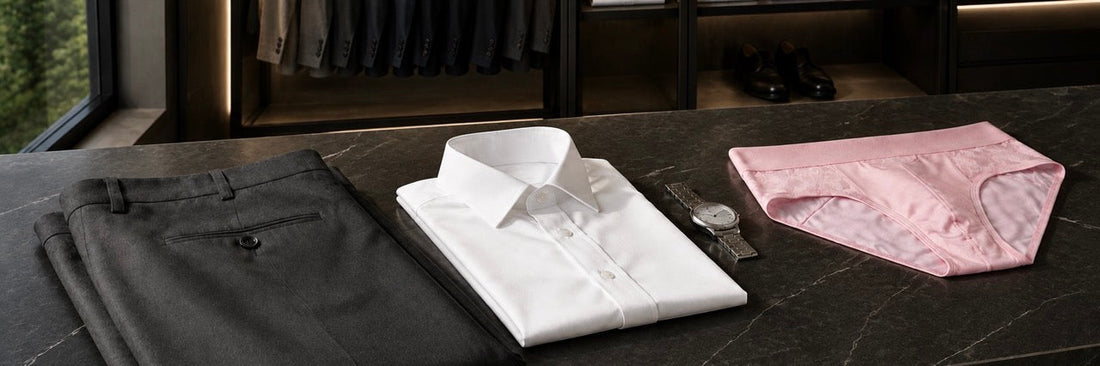 Flat lay of men's charcoal dress pants, a folded white dress shirt, and light pink lace briefs.