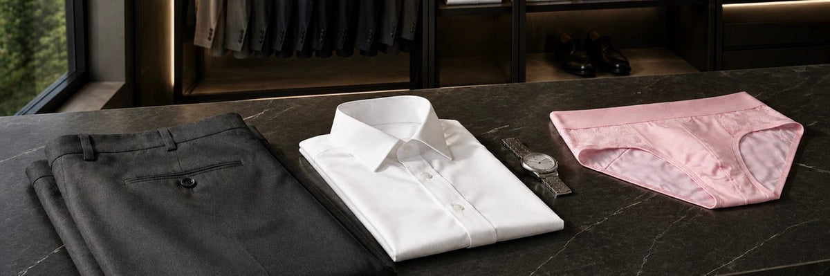 Flat lay of men's charcoal dress pants, a folded white dress shirt, and light pink lace briefs.