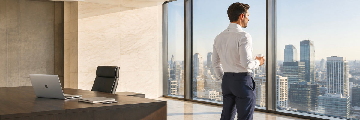 Man wearing dress pants standing by a high-rise office window, illustrating men's trouser and underwear fit.