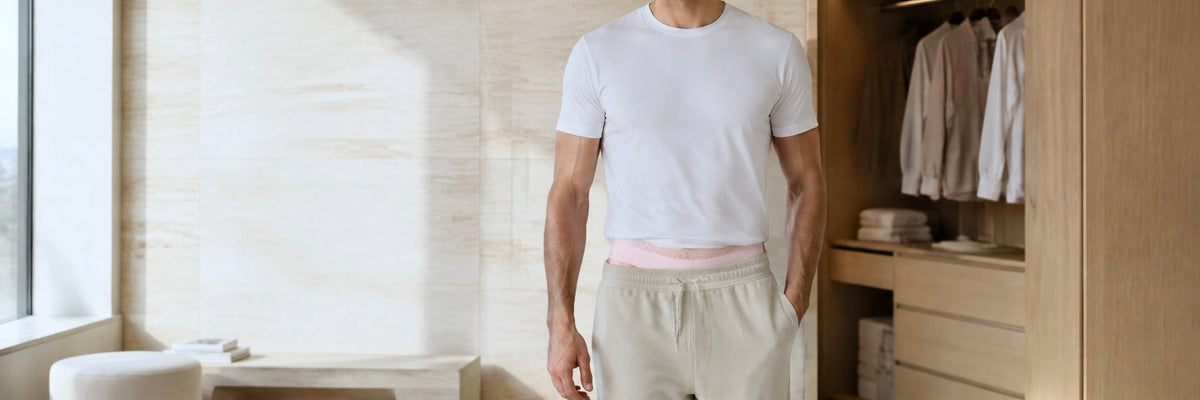 Adult man in a bright dressing room wearing a white T-shirt with a pink lace jockstrap waistband visible above beige lounge trousers