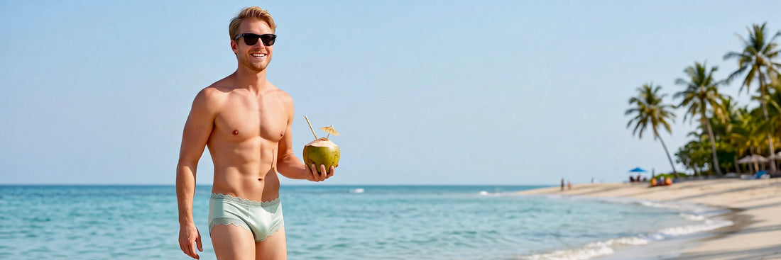 A fit man wearing sunglasses holding a coconut on a tropical beach with ocean and palm trees.