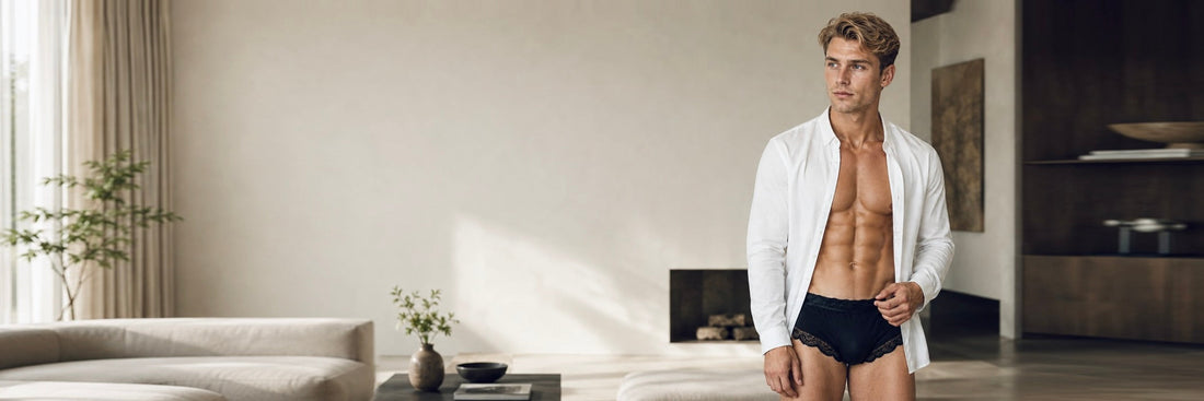 Man wearing dark blue mid-rise briefs and an unbuttoned white shirt standing near a window.