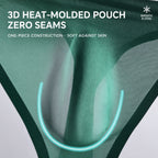 Close-up of MemoSkin dark green men's thong featuring a 3D heat-molded pouch with zero seams and smooth, cool-touch, one-piece construction for supportive comfort.