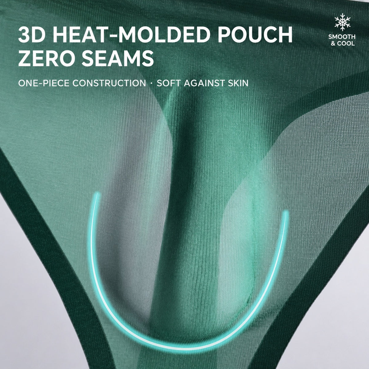 Close-up of MemoSkin dark green men's thong featuring a 3D heat-molded pouch with zero seams and smooth, cool-touch, one-piece construction for supportive comfort.