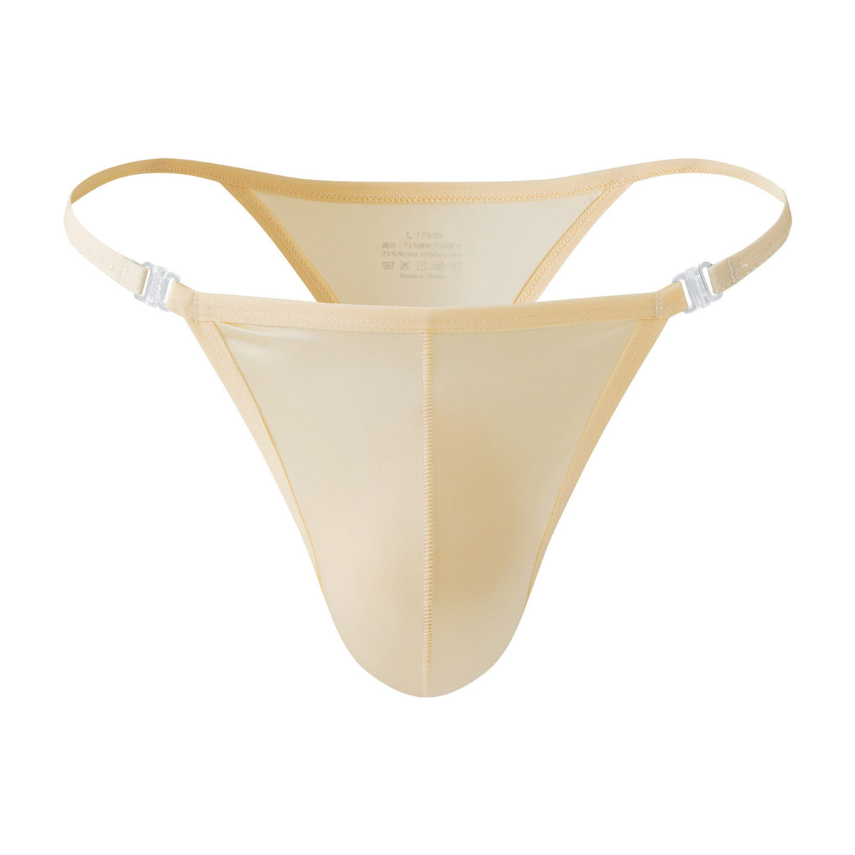 A clean front view of the MemoSkin Smooth Low-Rise Men's Thong in apricot color. The natural, subtle color of this minimalist thong makes it a practical and versatile choice. It is made from high-quality nylon-spandex for a smooth, flexible fit and features a soft cotton crotch lining for all-day comfort. A top-selling option for customers seeking comfortable low-rise men's thongs in neutral tones.