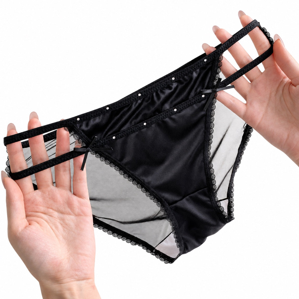 MemoSkin High-Cut Mesh Brief in classic Black, highlighting the combination of sheer mesh, satin contrast panel, lace trim, and comfortable cotton gusset lining.