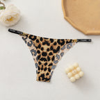 Product flat lay of MemoSkin Silky No-Show Briefs in Classic Leopard print, featuring low-rise cut, flexible stretch fabric, and breathable cotton crotch lining.