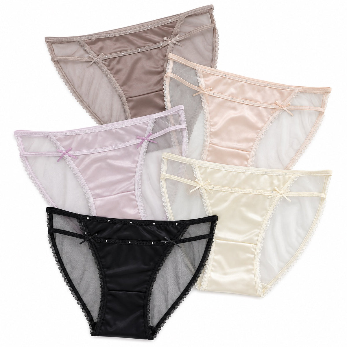Stack of MemoSkin High-Cut Mesh Briefs for women shown in all five signature colorways including Pink, Apricot, Light Purple, Brown, and Black featuring breathable mesh panels and satin trim.