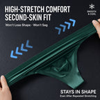 Dark green MemoSkin men's low-rise thong being stretched to demonstrate high-stretch elasticity, durable shape retention, cool-touch feel, and second-skin comfort.