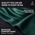 Close-up of MemoSkin dark green men's underwear highlighting a high-stretch waistband, seamless comfort band, flexible fit, and cool-touch texture.