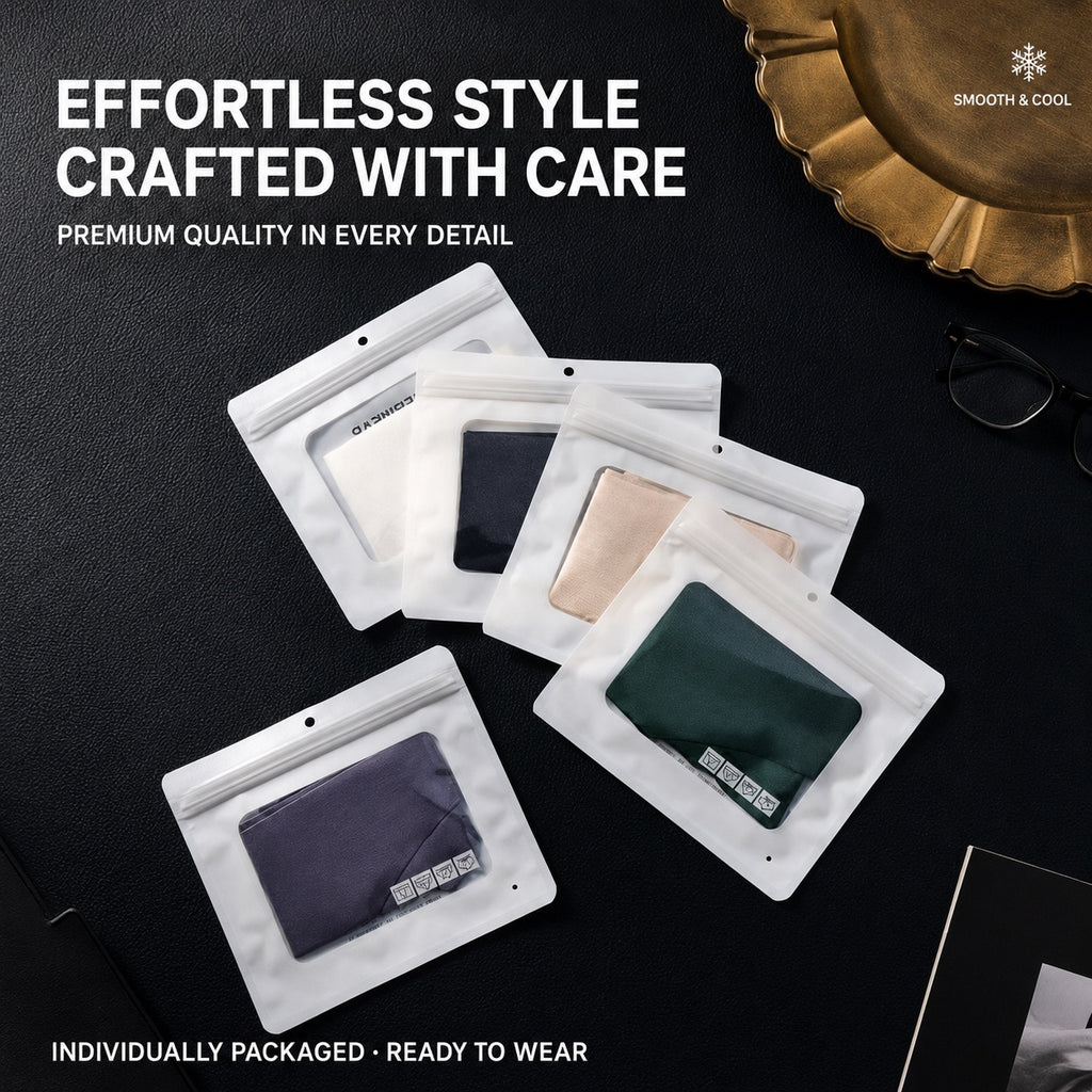 Individually packaged MemoSkin men's low-rise thong underwear in clear resealable travel pouches with text reading effortless style and ready to wear.