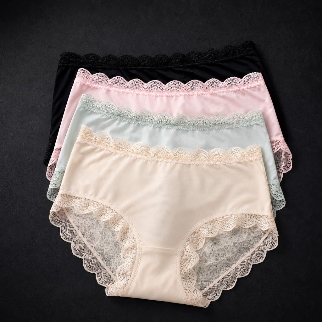 Stack of MemoSkin lightweight lace briefs in Apricot, Light Green, Pink, and Black, featuring delicate scalloped floral lace trim and soft stretch fabric for everyday comfortable wear.