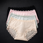 Stack of MemoSkin lightweight lace briefs in Apricot, Light Green, Pink, and Black, featuring delicate scalloped floral lace trim and soft stretch fabric for everyday comfortable wear.