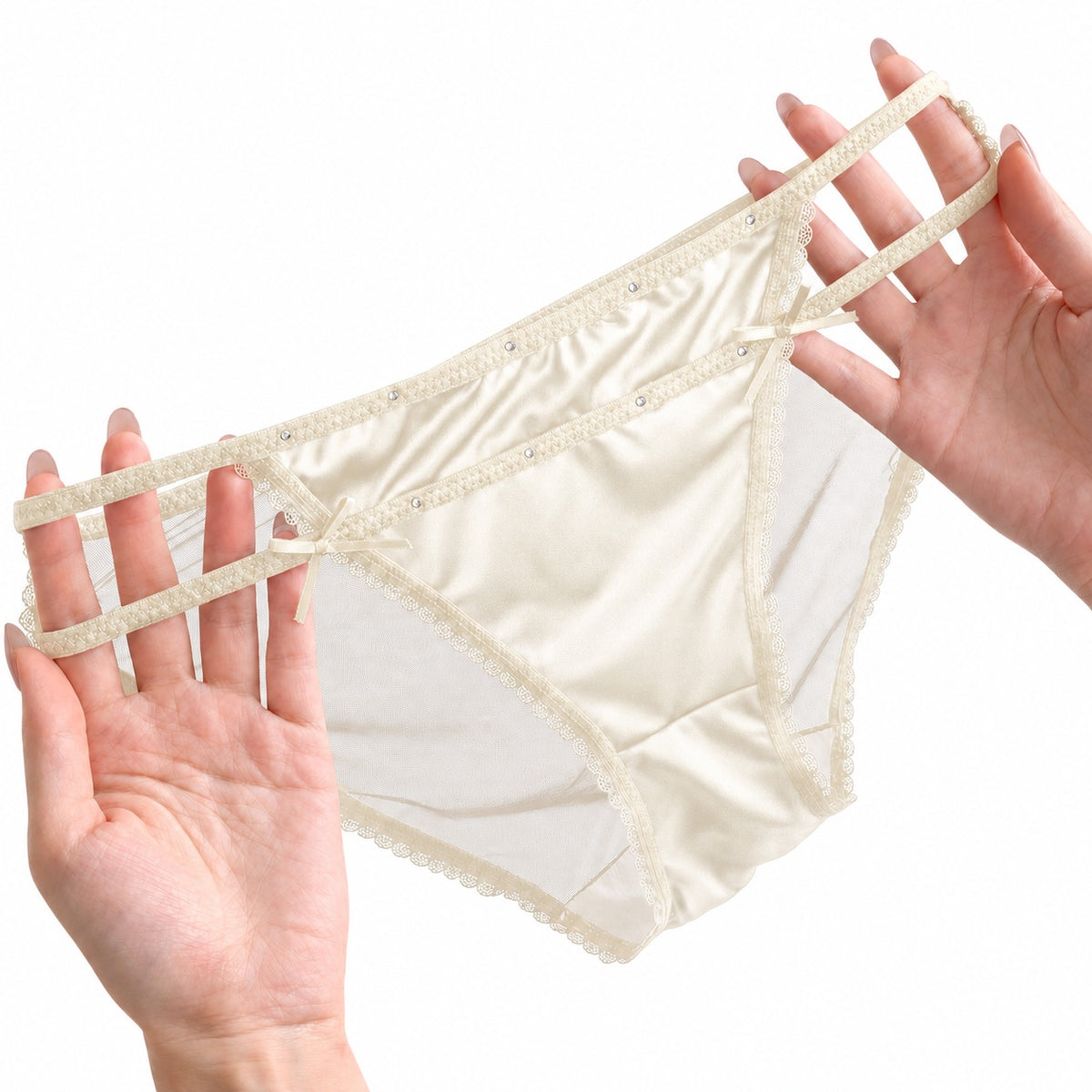 Close-up detail of MemoSkin High-Cut Mesh Brief in Light Purple featuring sheer nylon mesh, satin center panel, and delicate lace trim with rhinestone accents.