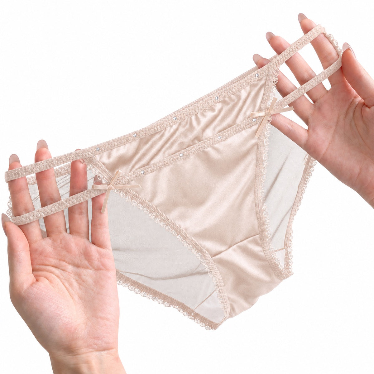 Close-up detail of MemoSkin High-Cut Mesh Brief in Light Purple featuring sheer nylon mesh, satin center panel, and delicate lace trim with rhinestone accents.