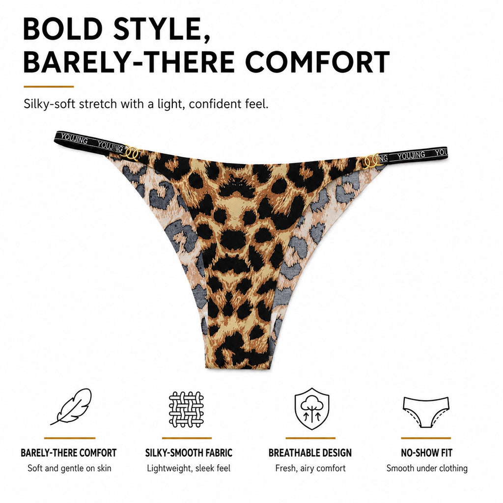 Visual feature card detailing the bold animal print design and barely-there lightweight feel of MemoSkin low-rise women's briefs with narrow-edge waistband.