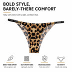 Visual feature card detailing the bold animal print design and barely-there lightweight feel of MemoSkin low-rise women's briefs with narrow-edge waistband.