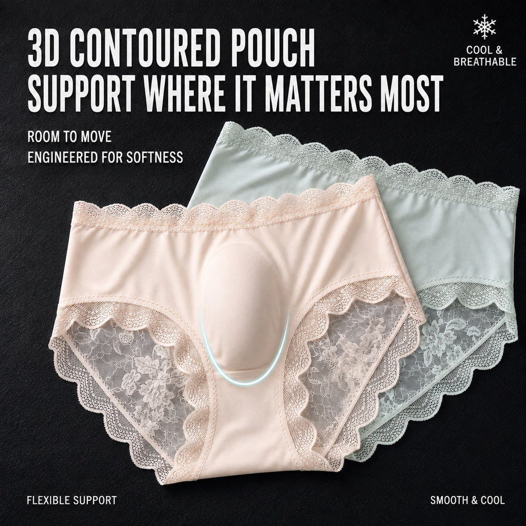 MemoSkin men's 3d contoured pouch lace briefs feature breathable cooling fabric, flexible support, and smooth seamless fit for comfortable everyday wear.