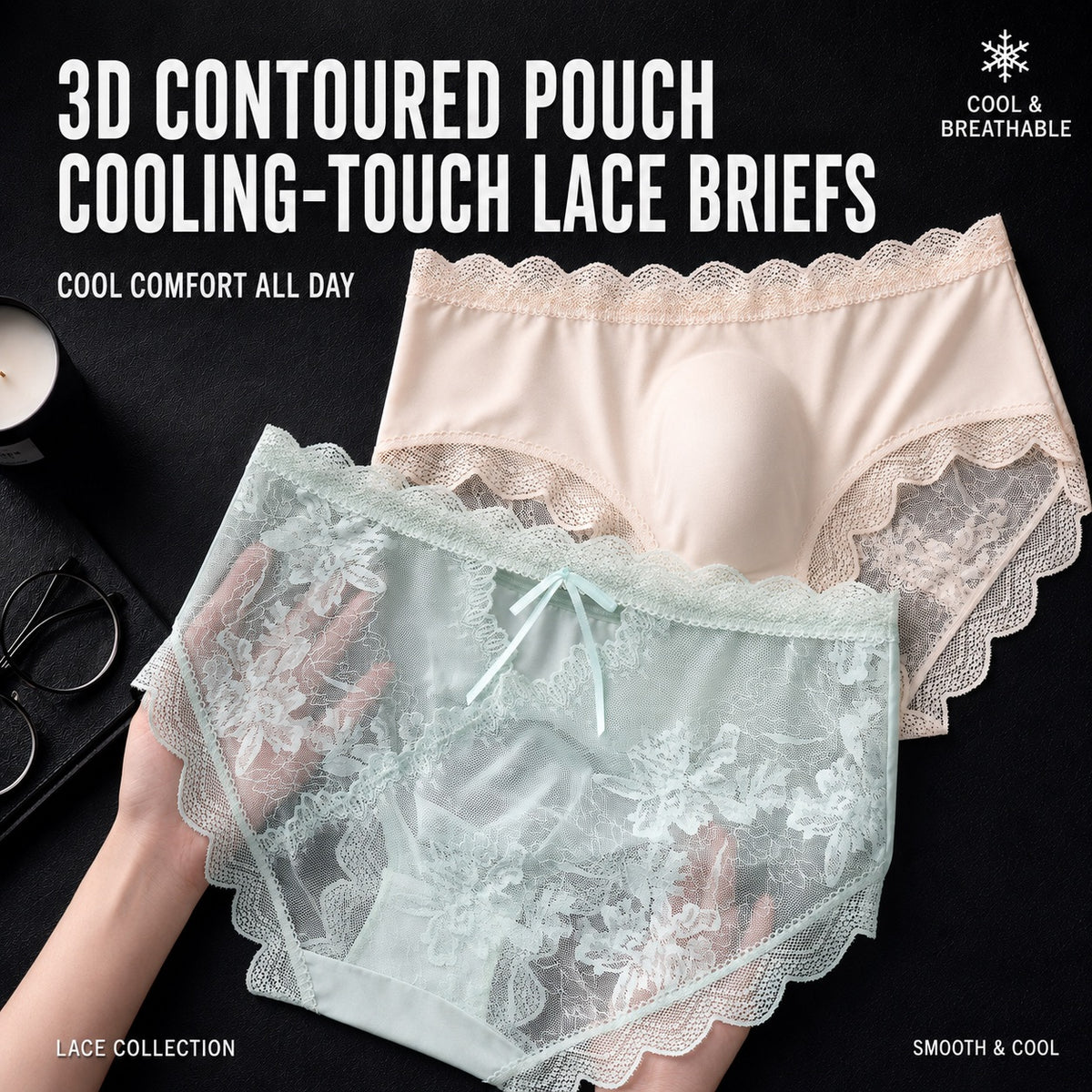 MemoSkin men's cooling-touch lace briefs banner highlighting a 3D contoured pouch design, breathable lightweight fabric, and smooth stretch fit for comfortable all-day everyday wear.