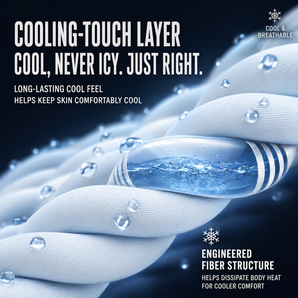 MemoSkin men's cooling-touch underwear infographic highlighting engineered fiber structure fabric that dissipates body heat for breathable, long-lasting cool comfort during everyday wear.