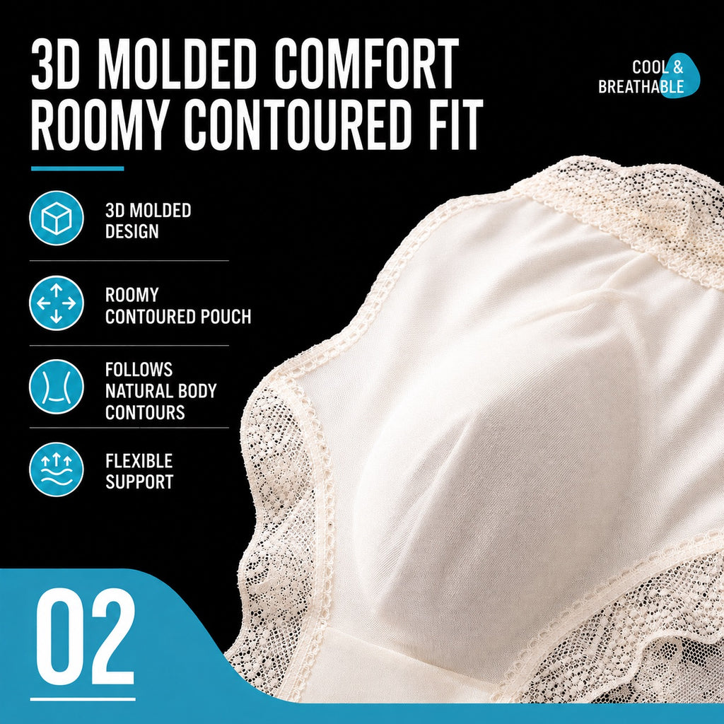 MemoSkin men's lightweight lace briefs care guide detailing gentle cold water washing, air drying, and laundry bag protection for long-lasting breathable stretch comfort.