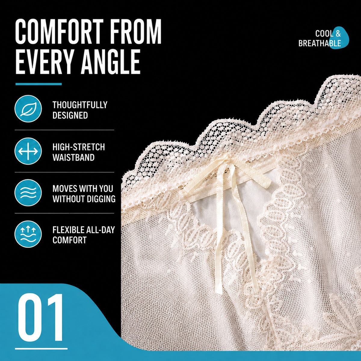 MemoSkin men's lightweight lace briefs graphic highlighting a high-stretch waistband, non-digging flexible fit, cool breathable fabric, and all-day comfortable support for men's underwear.