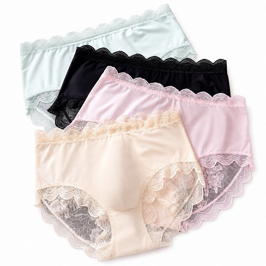 Product stack showcasing the MemoSkin Men's Lightweight Lace Briefs collection in Light Green, Black, Pink, and Apricot. Crafted from a breathable nylon-spandex blend, these mid-rise men's underwear briefs feature floral lace detailing, high-stretch flexibility, and a 3D contoured pouch for everyday comfort.