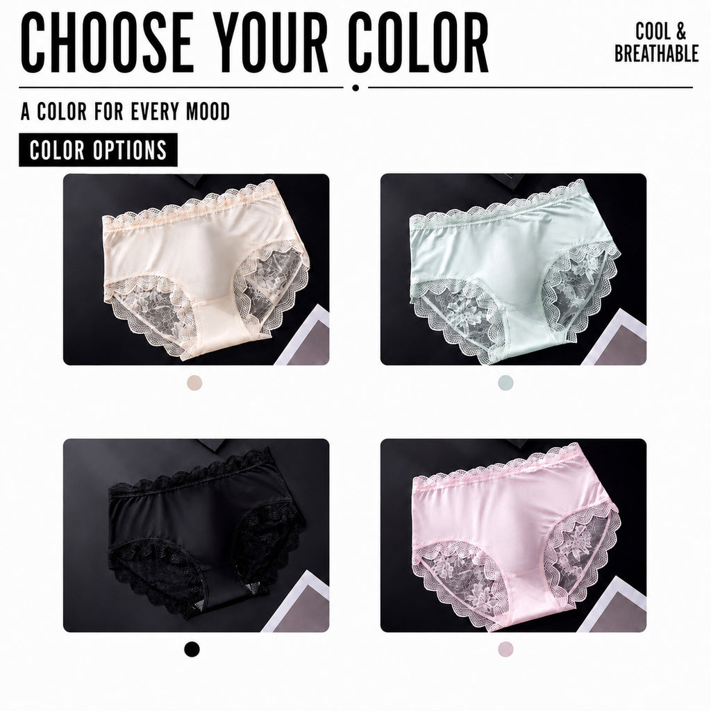 MemoSkin men's lightweight lace briefs color selection guide featuring Nude, Light Green, Black, and Pink options made with cool, breathable stretch fabric for comfortable everyday wear