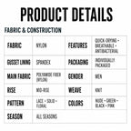 MemoSkin men's lightweight lace briefs specification chart detailing mid-rise fit, breathable quick-drying nylon-spandex fabric, antibacterial lining, and color options for comfortable everyday wear