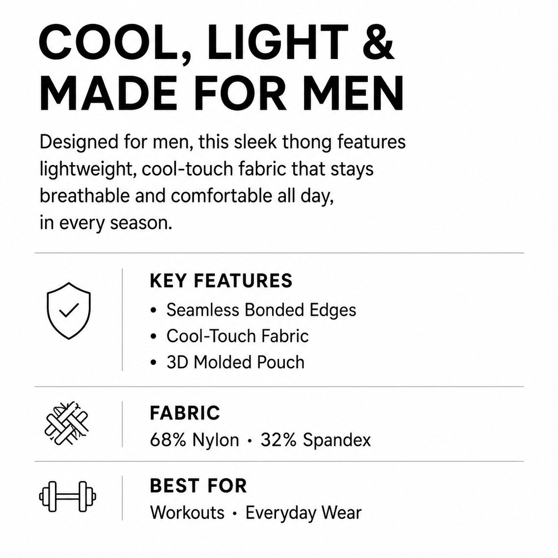 Infographic showing MemoSkin men's thong key features, including cool-touch nylon fabric, seamless bonded edges, 3D molded pouch, for workouts and everyday wear.