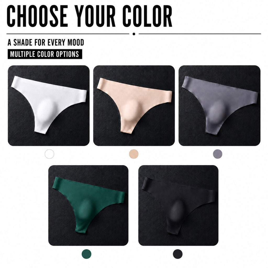 Five color options for MemoSkin men's low-rise thong underwear, including white, apricot, gray, dark green, and black for versatile everyday wear choices.