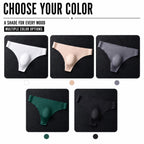 Five color options for MemoSkin men's low-rise thong underwear, including white, apricot, gray, dark green, and black for versatile everyday wear choices.