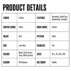 Product details specification chart for MemoSkin men's low-rise thong highlighting seamless construction, quick-dry breathable fabric, low-rise fit, solid colors, and adult sizing options.