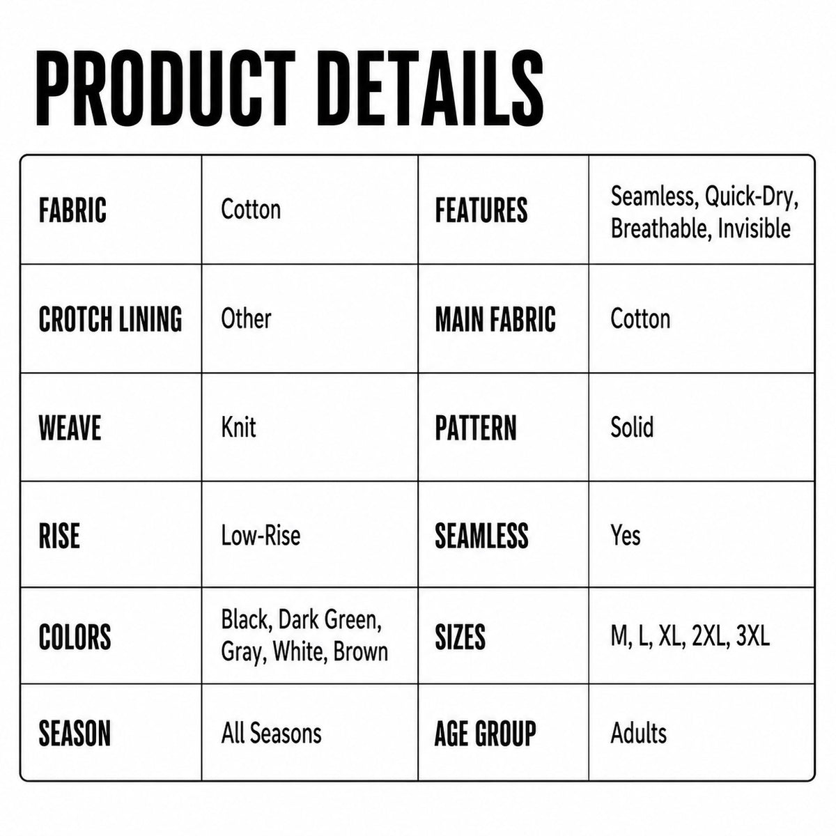 Product details specification chart for MemoSkin men's low-rise thong highlighting seamless construction, quick-dry breathable fabric, low-rise fit, solid colors, and adult sizing options.