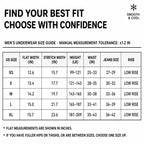 MemoSkin men's low-rise thong size guide chart showing waist, weight, stretch width, and jeans size measurements to help choose the best fit.