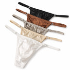 A top-down product photograph showcasing the full collection of MemoSkin Smooth Low-Rise Men's Thongs fanned out in five colors: White, Gray, Black, Apricot, and Brown. The thongs feature a minimalist design with narrow side straps and a smooth, flexible nylon-spandex blend fabric, designed for ultimate everyday comfort. This international men's underwear thong features a comfortable cotton lining and is available for global shipping.