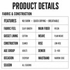 Specifications table for MemoSkin Silky No-Show Briefs highlighting 75% Polyamide 25% Spandex fabric mix, soft cotton gusset lining, and cold water gentle wash care instructions.