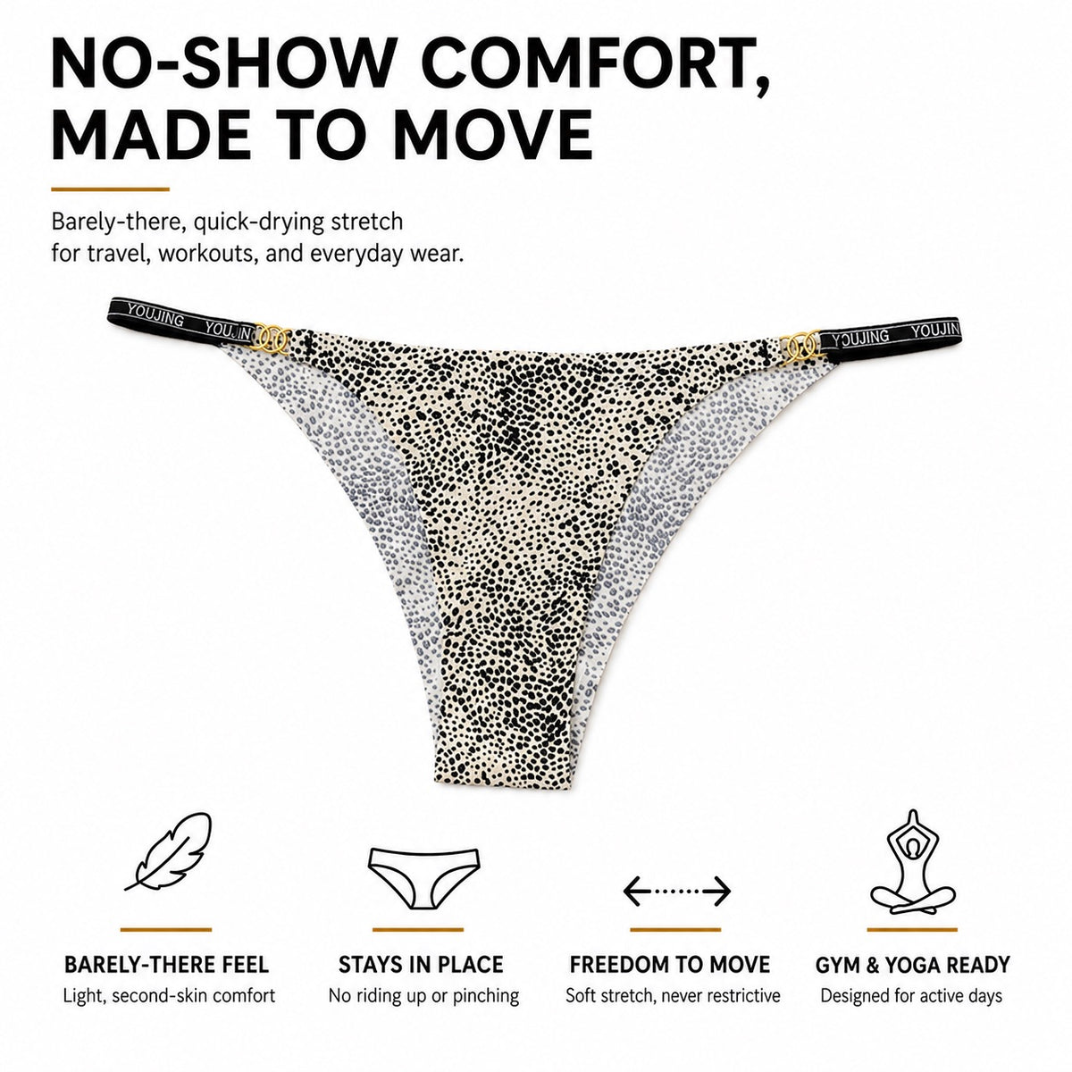 Product feature graphic illustrating the no-show seamless comfort and discreet low-rise silhouette of MemoSkin underwear designed for smooth fit under dresses and leggings.