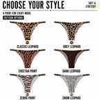 MemoSkin "Choose Your Style" visual guide showing all 6 animal print options for women's low-rise briefs: Classic Leopard, Grey Leopard, Cheetah Print, Dark Leopard, Zebra Print, and Snow Leopard.