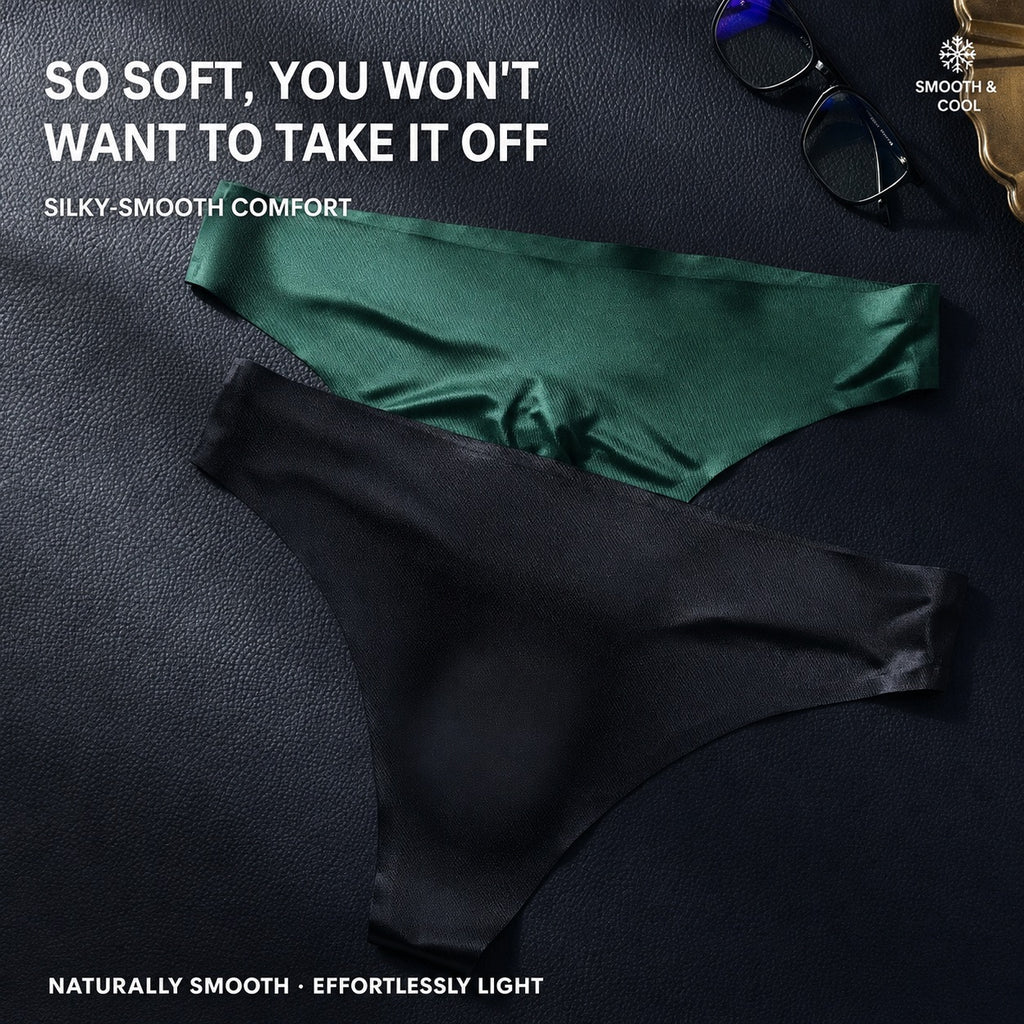 Dark green and black MemoSkin men's low-rise thong underwear with text highlighting silky-smooth comfort, soft texture, and light, cool-touch feel.