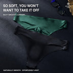 Dark green and black MemoSkin men's low-rise thong underwear with text highlighting silky-smooth comfort, soft texture, and light, cool-touch feel.