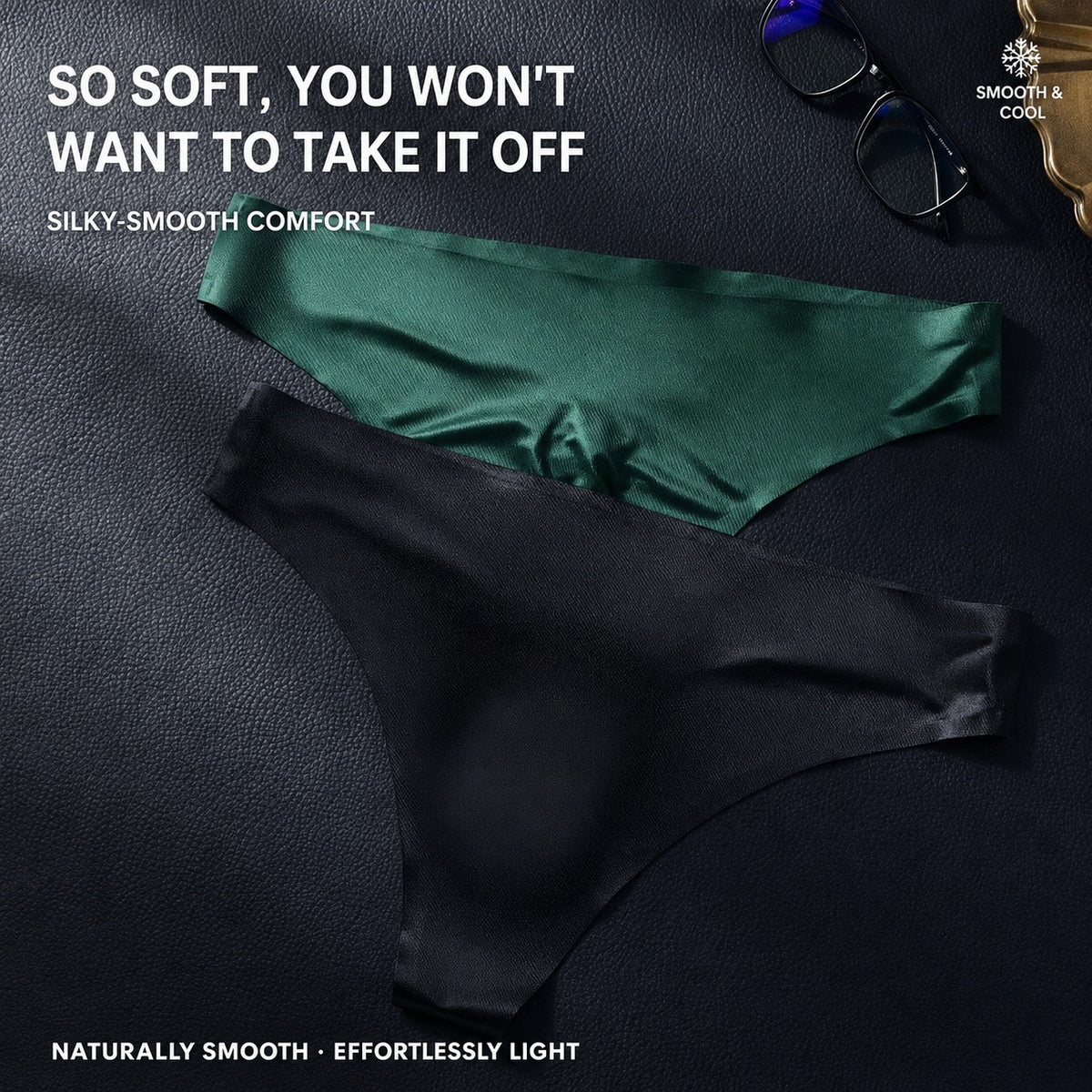 Dark green and black MemoSkin men's low-rise thong underwear with text highlighting silky-smooth comfort, soft texture, and light, cool-touch feel.