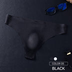 Black MemoSkin smooth low-rise men's thong underwear featuring a comfortable 3D pouch and flexible elastic waistband for sleek everyday wear.