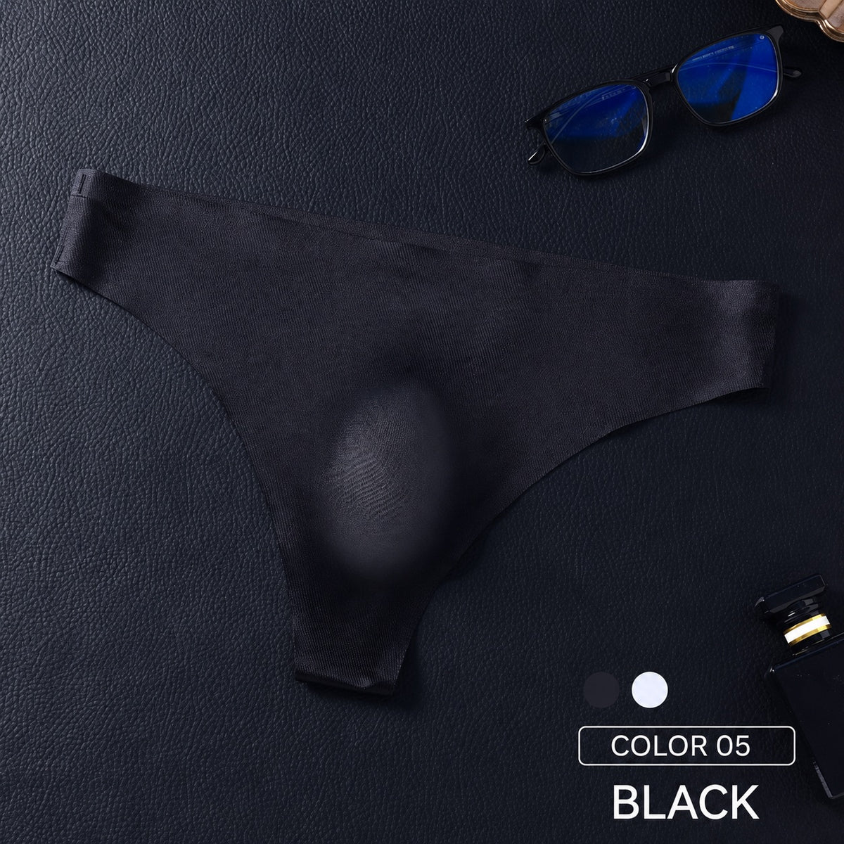 Black MemoSkin smooth low-rise men's thong underwear featuring a comfortable 3D pouch and flexible elastic waistband for sleek everyday wear.