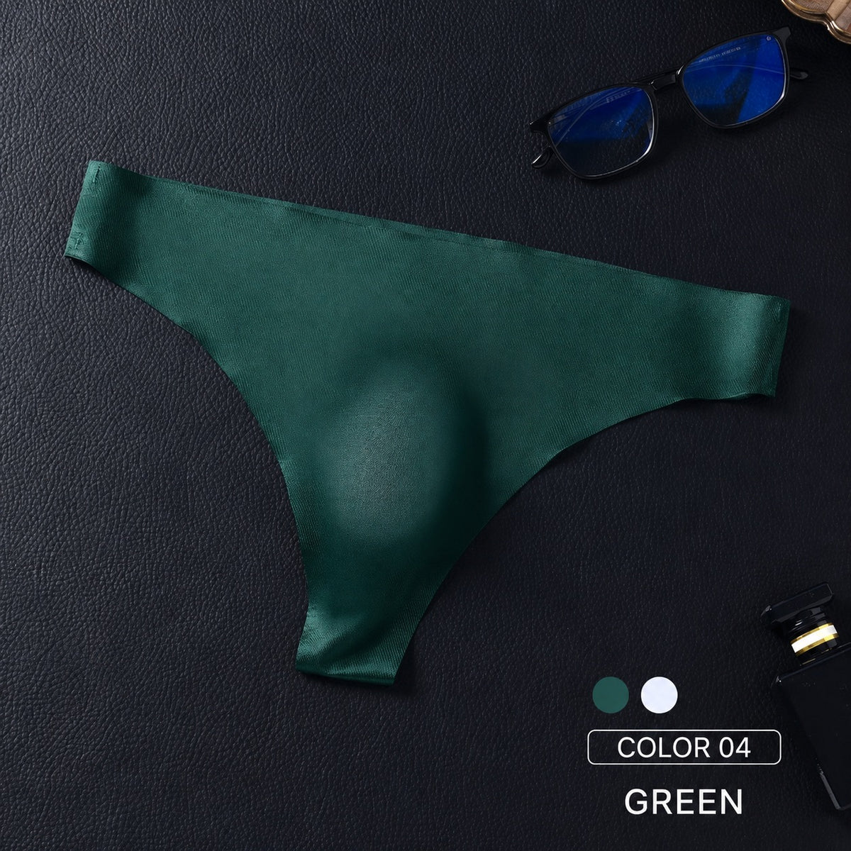 Dark green MemoSkin men's low-rise thong underwear with an ergonomic 3D pouch for supportive contouring and active daily wear.