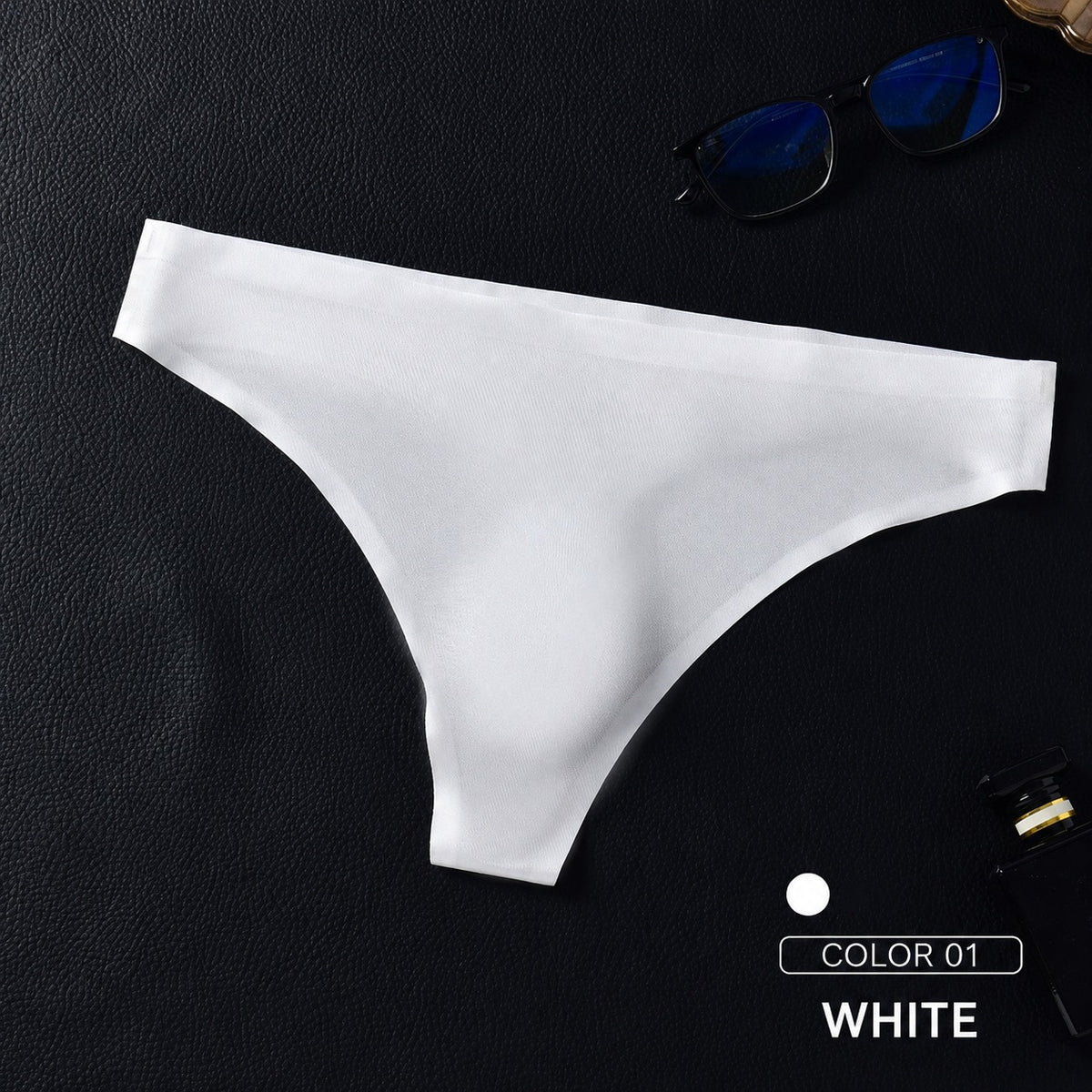 White MemoSkin quick-drying low-rise men's thong underwear crafted from breathable, cool-touch fabric for lightweight everyday comfort.