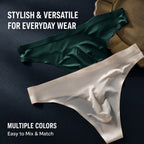 Dark green and apricot MemoSkin low-rise men's thongs with text reading stylish, versatile, and multiple colors easy to mix and match for everyday wear.