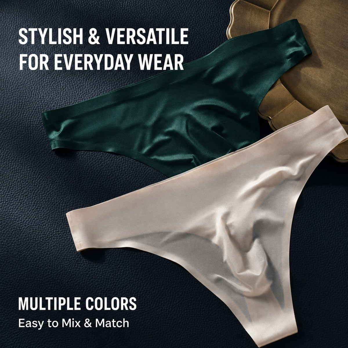 Dark green and apricot MemoSkin low-rise men's thongs with text reading stylish, versatile, and multiple colors easy to mix and match for everyday wear.