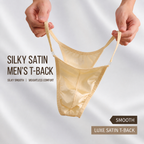 A product feature diagram titled "SILKY SATIN MEN'S T-BACK," illustrating the comfortable design of the MemoSkin Smooth Low-Rise Men's Thong. It highlights the clean, minimalist thong back, a high-elastic slim waistband for comfortable wear, and smooth leg openings to prevent chafing. The diagram emphasizes the breathable comfort and flexible, minimalist profile of this low-rise men's thong, perfect for everyday wear.