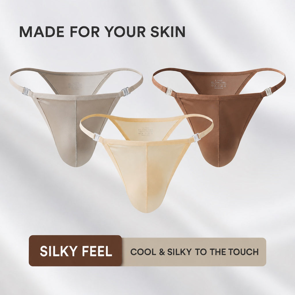 An infographic diagram titled "MADE FOR YOUR SKIN," detailing the material composition of the MemoSkin Smooth Low-Rise Men's Thong. It breaks down the main fabric as a smooth, breathable, flexible nylon-spandex knit (75% Polyamide, 25% Spandex) for second-skin comfort, and highlights the soft, comfortable cotton lining for the crotch area. This feature chart explains the comfort benefits of MemoSkin men's underwear.